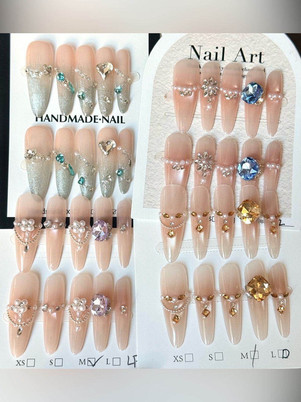 4 sets Handmade Nude Pink Crystal Stiletto Press-On Nails Size M